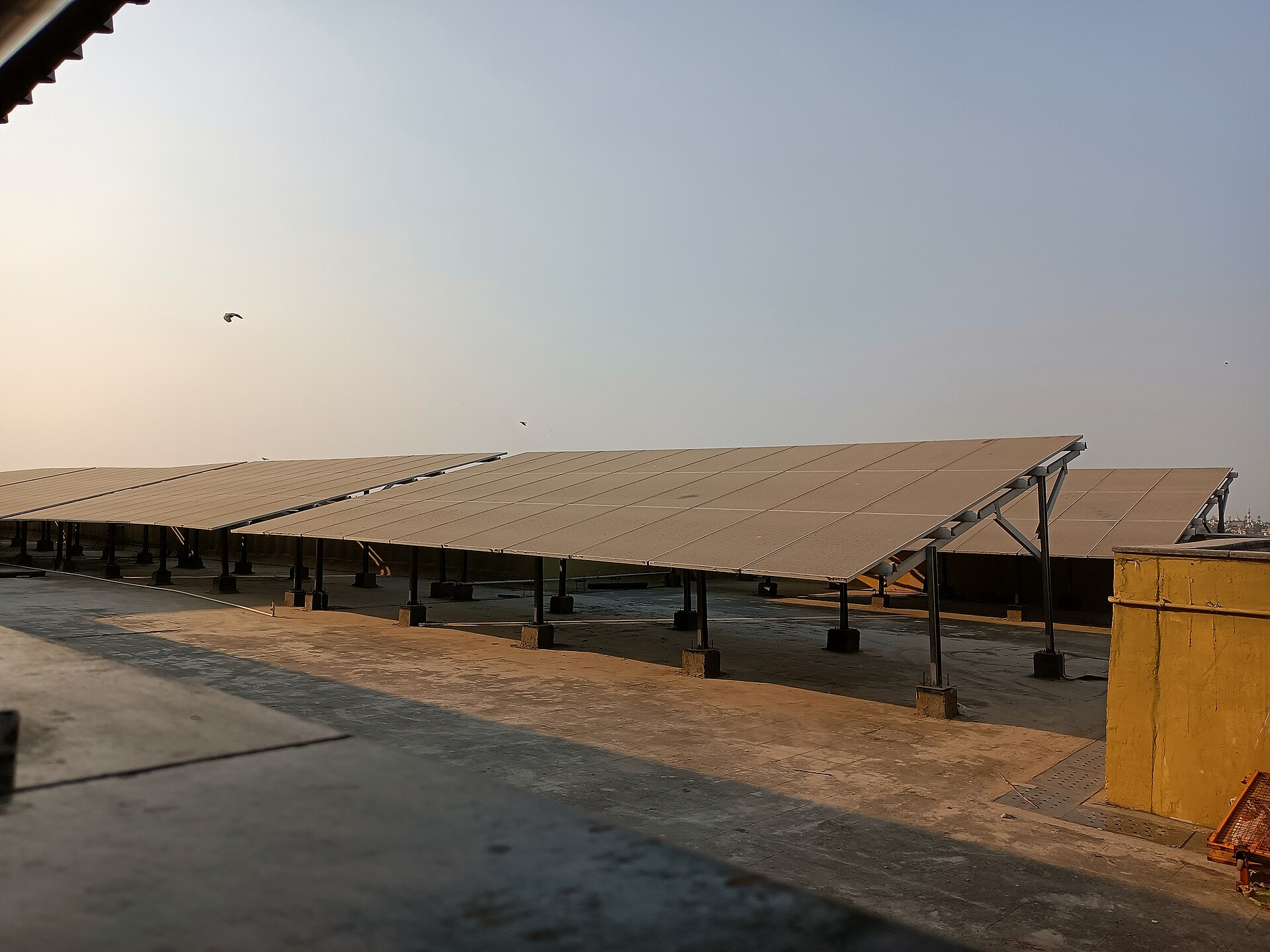 Large elevated solar array over a commercial building rooftop